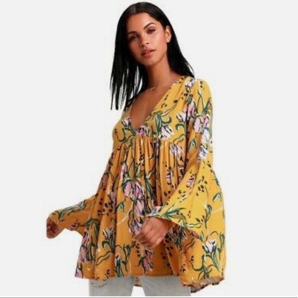 Free People Yellow Oversize Bell Sleeve Goldenrod Floral Print Tunic Blouse
